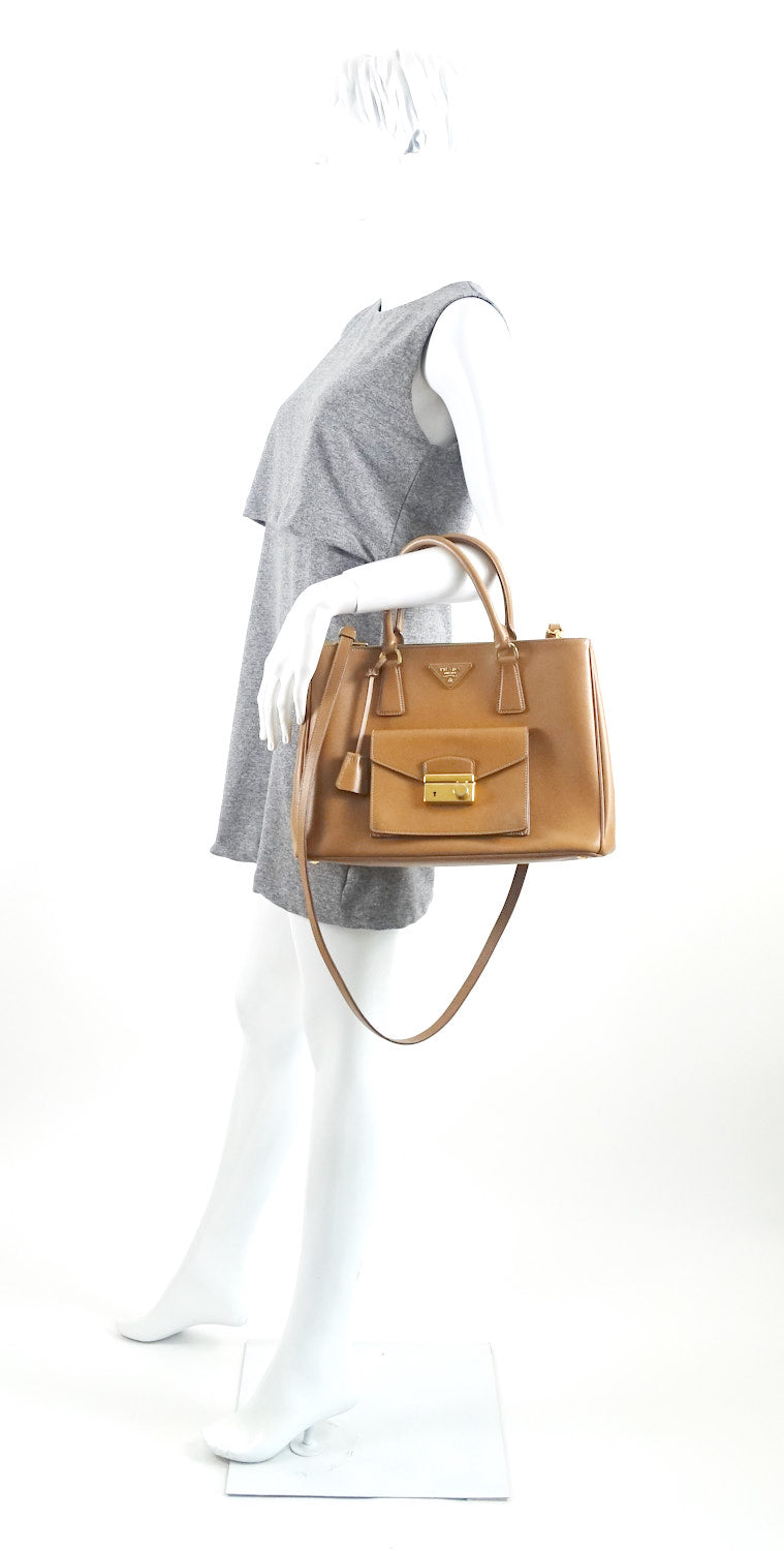 Prada Brown Saffiano Leather Front Pocket Tote Bag - Yoogi's Closet